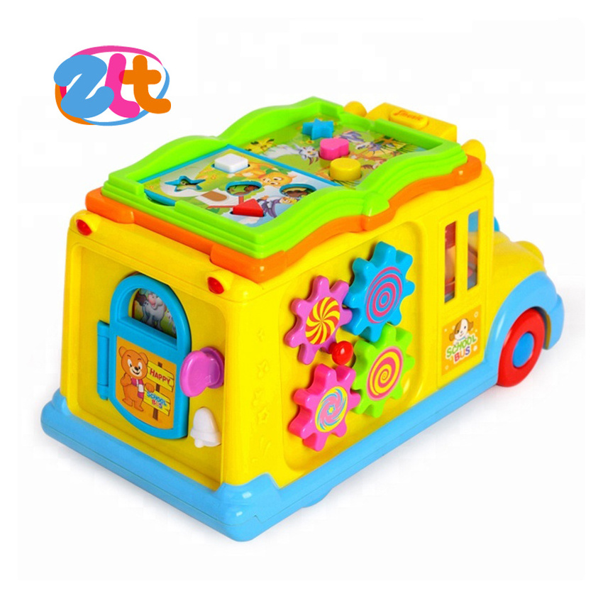 Cartoon plastic educational school kids battery operated bus toy electric building block car