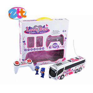 Pink Model Cartoon Toy Tour Bus, 4CH Remote Control Bus Toy With 2 Police Dolls