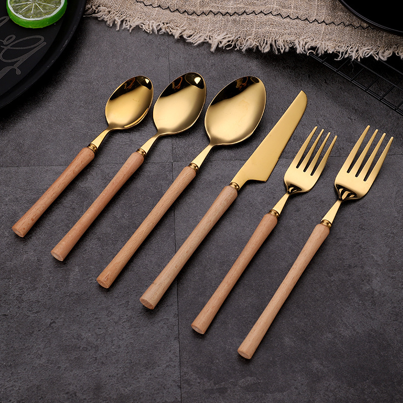 stainless steel flatware sets knife spoon fork set wooden handle cutlery