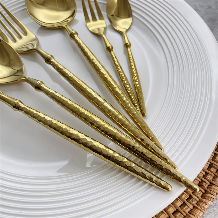 Fast Delivery Customizable Logo Bulk Gold Plated 304 Stainless Steel Hammered handle Spoon Fork And Knife Cutlery Set Flatware