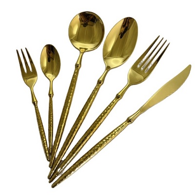 Fast Delivery Customizable Logo Bulk Gold Plated 304 Stainless Steel Hammered handle Spoon Fork And Knife Cutlery Set Flatware