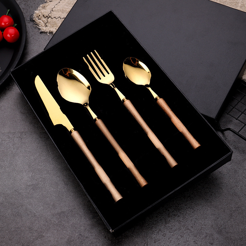 stainless steel flatware sets knife spoon fork set wooden handle cutlery