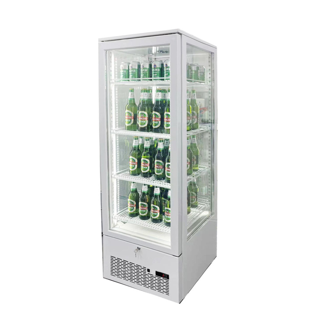 China Drinks display showcase /vertical display refrigerator/4 sided glass door freezer