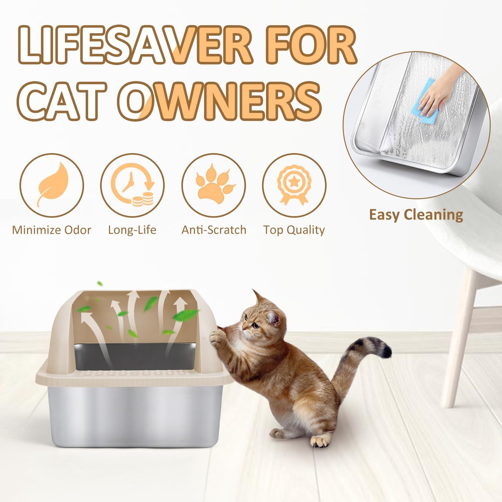 ZMaker Extra Large Stainless Steel Cat Litter Box with High Wall Easy Clean Enclosed Cat Litter Box for Big