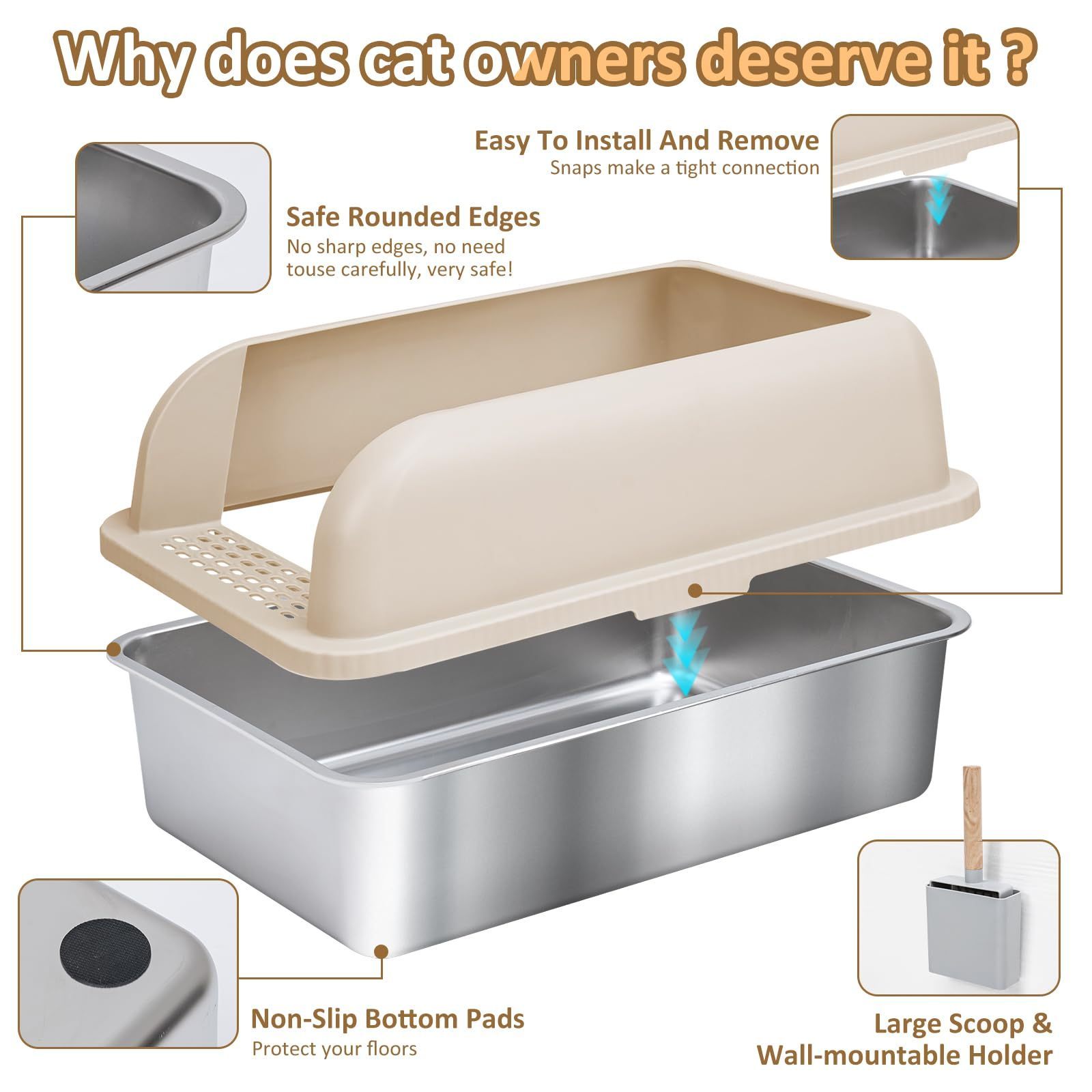 ZMaker Extra Large Stainless Steel Cat Litter Box with High Wall Easy Clean Enclosed Cat Litter Box for Big