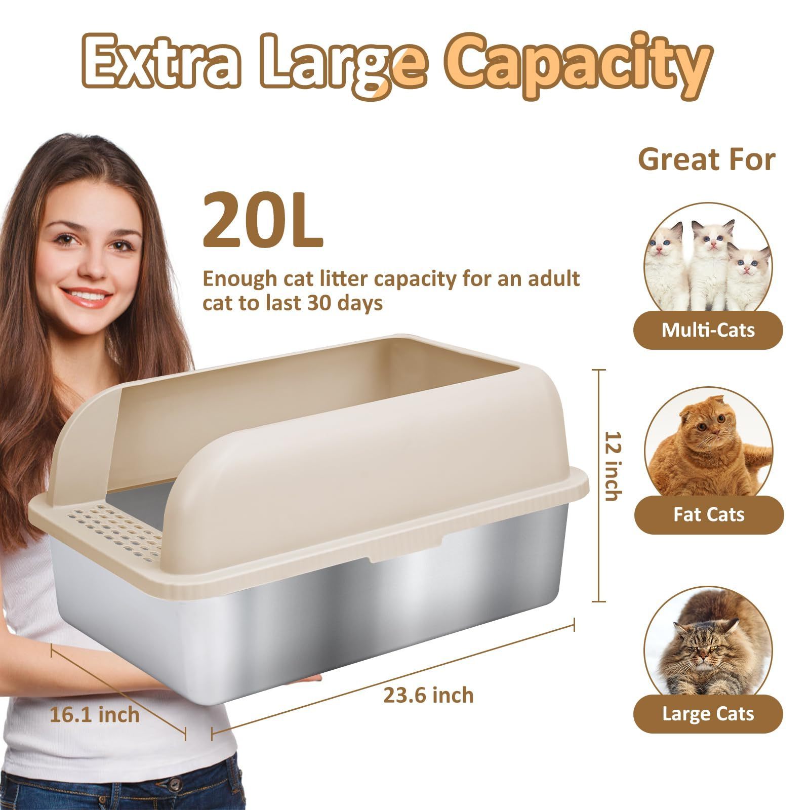 ZMaker Extra Large Stainless Steel Cat Litter Box with High Wall Easy Clean Enclosed Cat Litter Box for Big