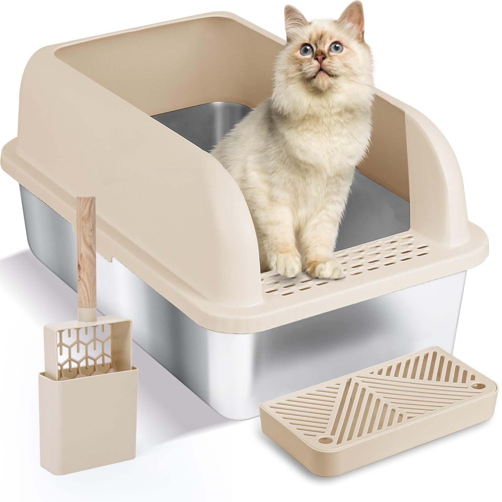 ZMaker Extra Large Stainless Steel Cat Litter Box with High Wall Easy Clean Enclosed Cat Litter Box for Big