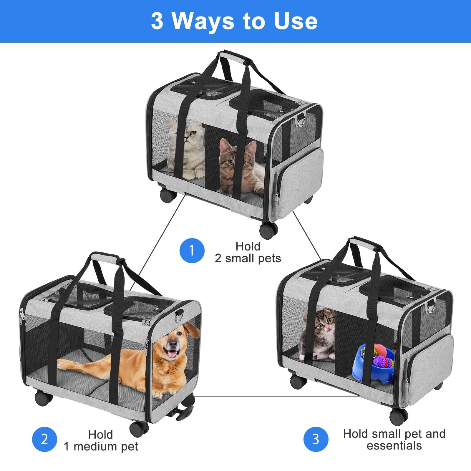 ZMaker Cat Trolley Bag Double Compartment Pet Carrier With Detachable Wheels Rolling Carrier Pet Carrier Bags