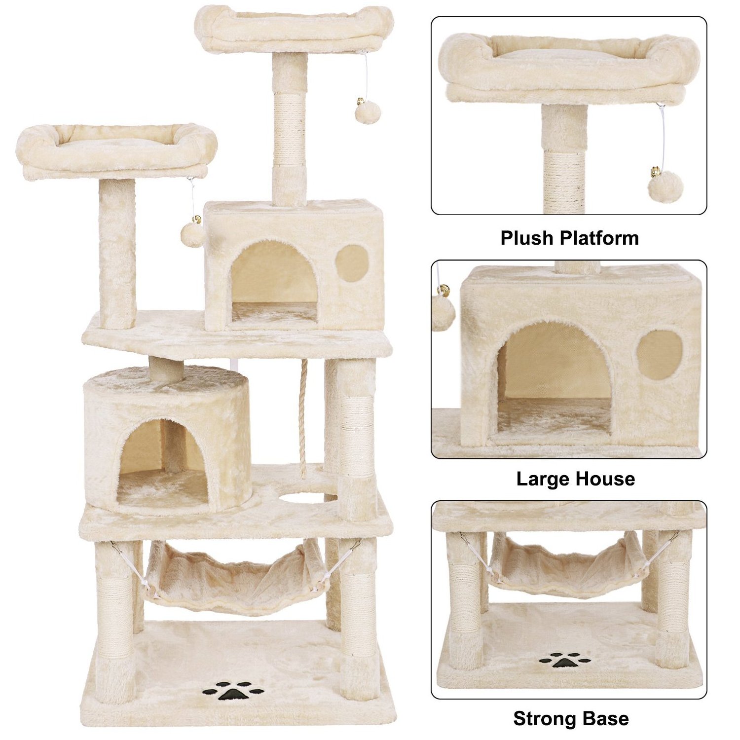 ZMaker Multi-Level Large Cat Tower With Plush Top Perches and Hammock Beige Cat Climbing Tree