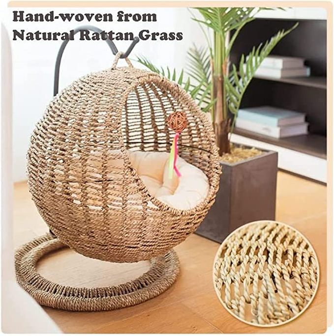 ZMaker Hanging Swinging Rattan Wicker Pet Bed Natural Rattan Cat Hammock with Soft Cushion