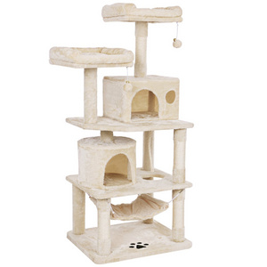 ZMaker Multi-Level Large Cat Tower With Plush Top Perches and Hammock Beige Cat Climbing Tree