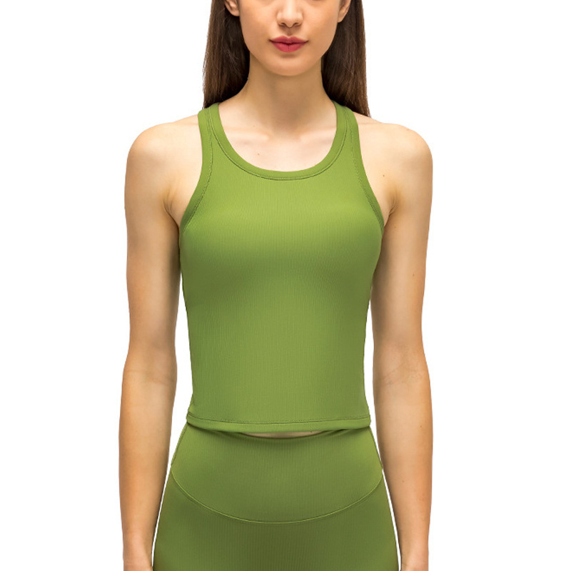 New Design Rib Nylon Women's Workout Tank Top with Movable Chest Pad Round Neck Vest