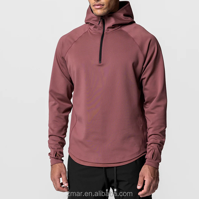 ZM-1249 Training 1/4 Zip Hoodie Lightweight Hoodie with Heightened Collar and Thumbhole  92% Polyester 8% Spandex