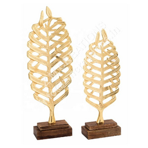 Aluminum Leaf Sculpture On Mango Wood Base Gold Color Home Decoration Items