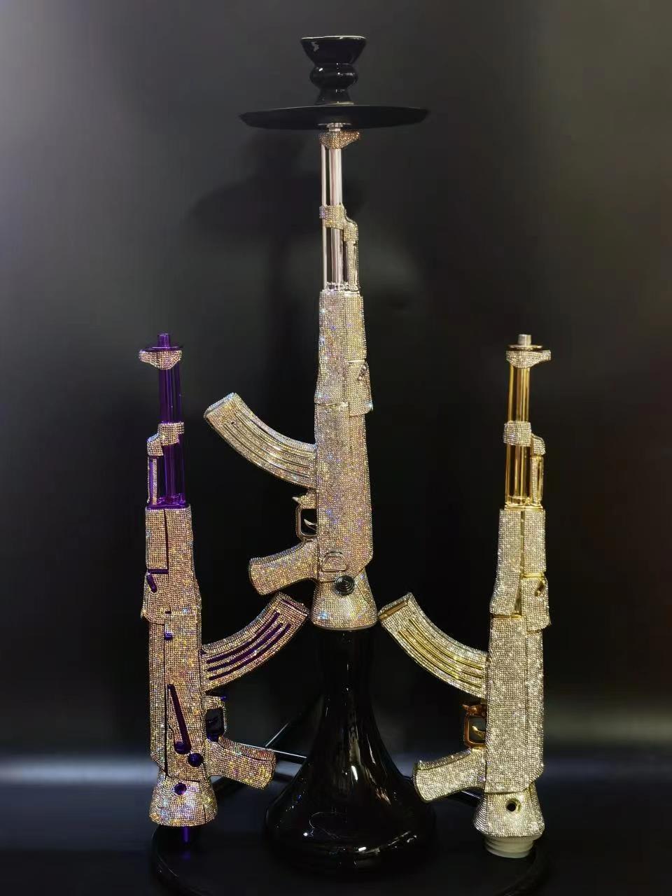 Luxury Large Size Pink Diamond Gold Ak47-hookah Gun Shape Shisha Shesha Sisha Smoking Set Accessories Ak47 Hookah