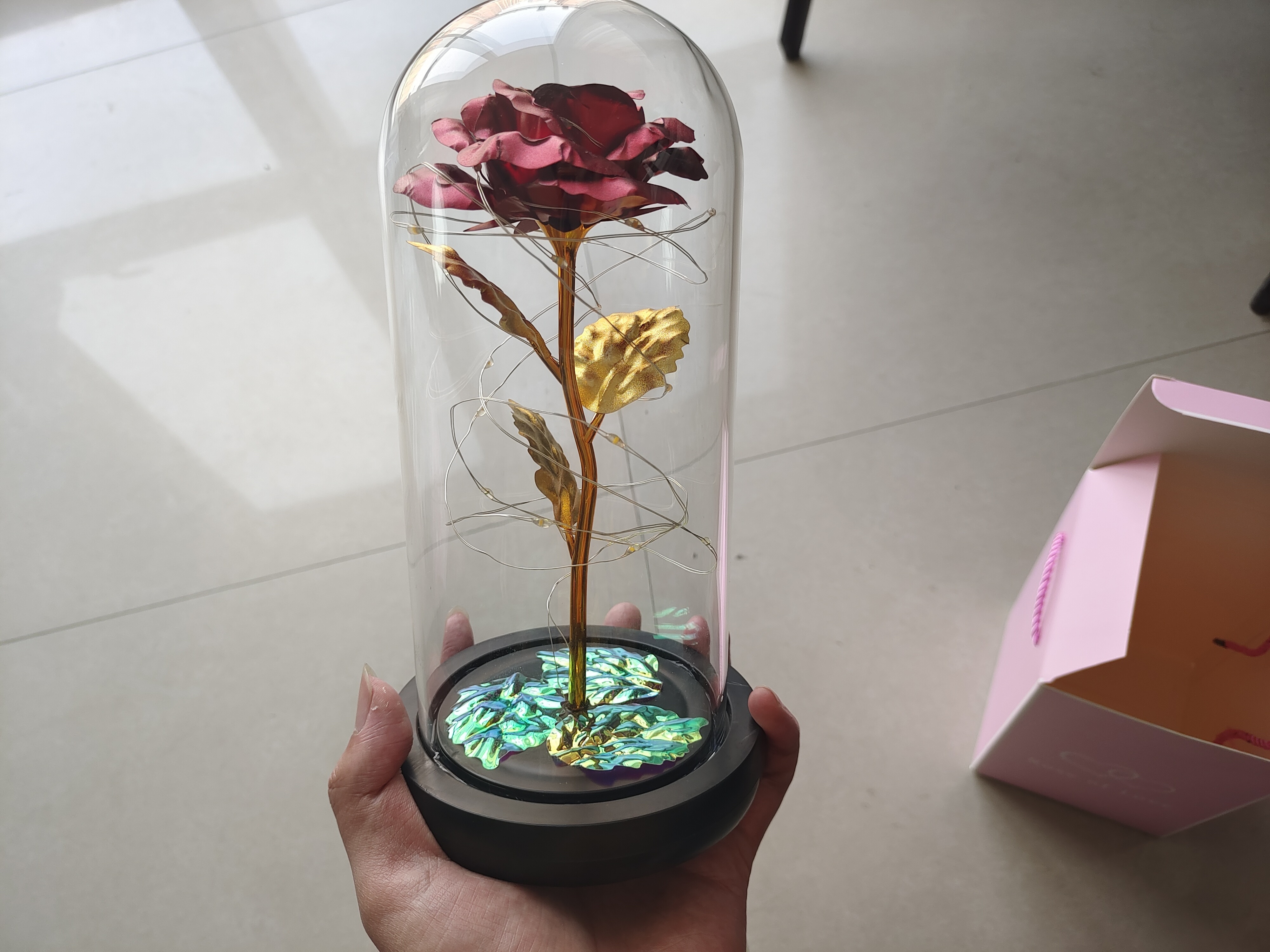 Glass Cover Gold Foil Laser Rose Flower Table Decoration LED Warm Light Valentine's Day Gift Artificial Flower