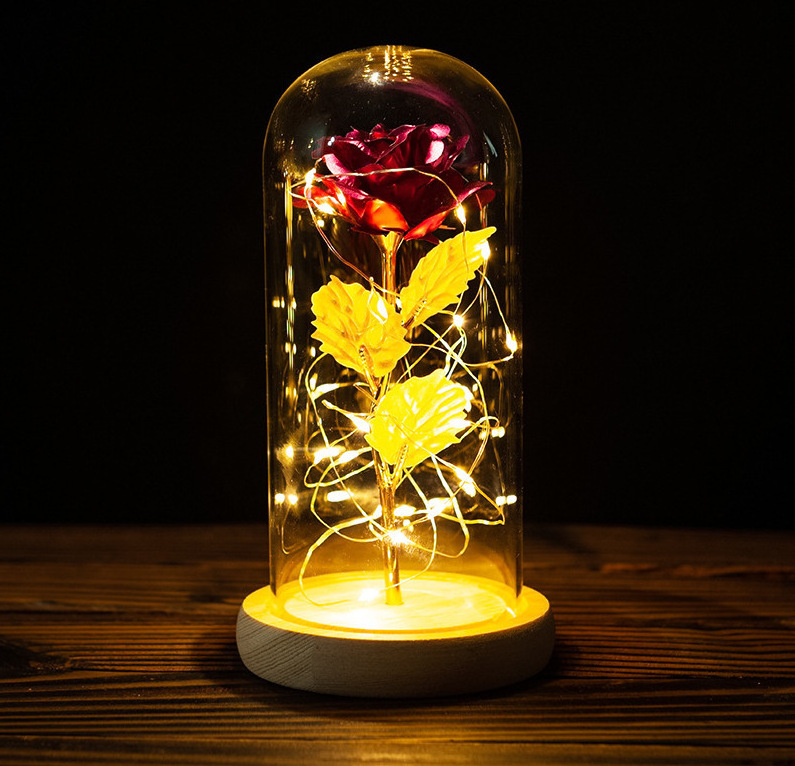 Glass Cover Gold Foil Laser Rose Flower Table Decoration LED Warm Light Valentine's Day Gift Artificial Flower