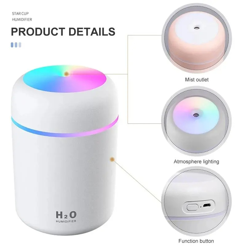 USB Cool Mist Sprayer Portable 300ml Electric Air Humidifier Aroma Oil Diffuser with Colorful Night Light for Home Car