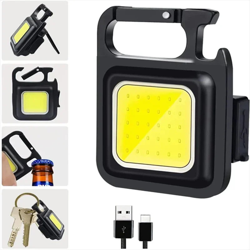 Mini Magnetic COB Keychain Light 500Lumens Bright USB Rechargeable Flashlight 3 Light Modes Portable Folding Bracket Work Lamp