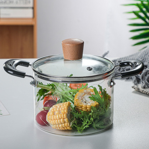 Big size transparent clear glass cooking pot with stainless steel double-ear handle