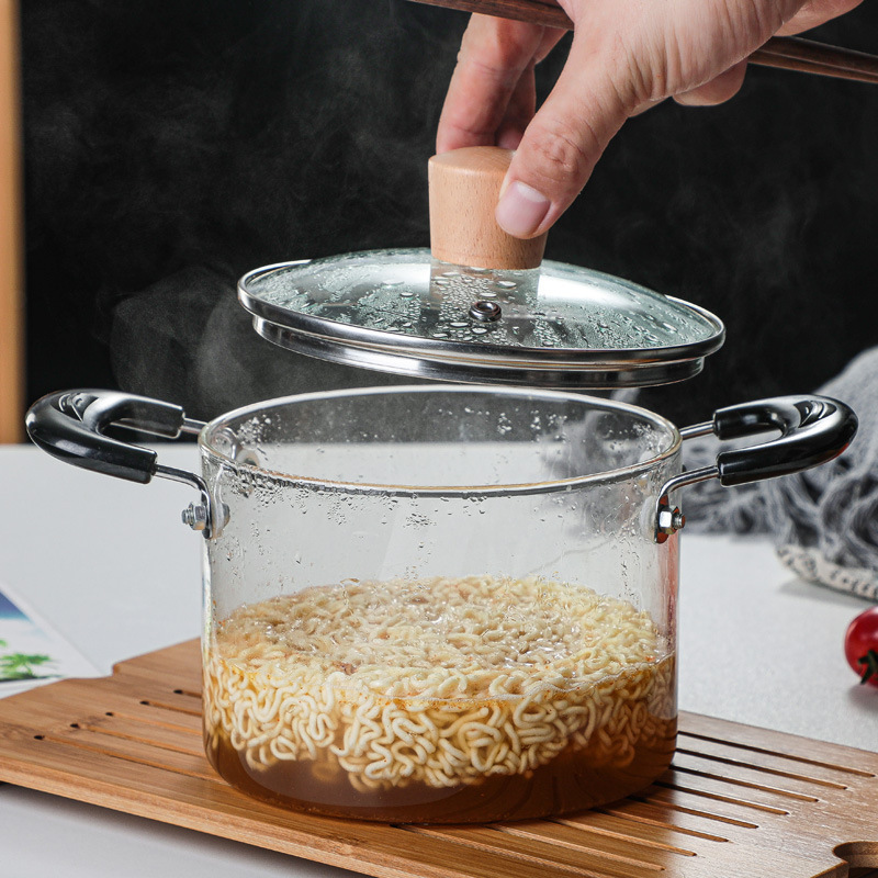 Big size transparent clear glass cooking pot with stainless steel double-ear handle