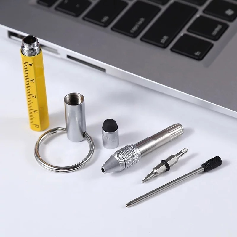 Muti-functional ballpoint pens with Stylus Multitool Pen 5-in-1 Keychain tool pen short ring