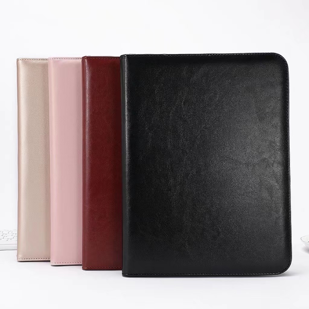 Leather portfolio binder zipper with pocket a4 portfolio folder bag with caculater