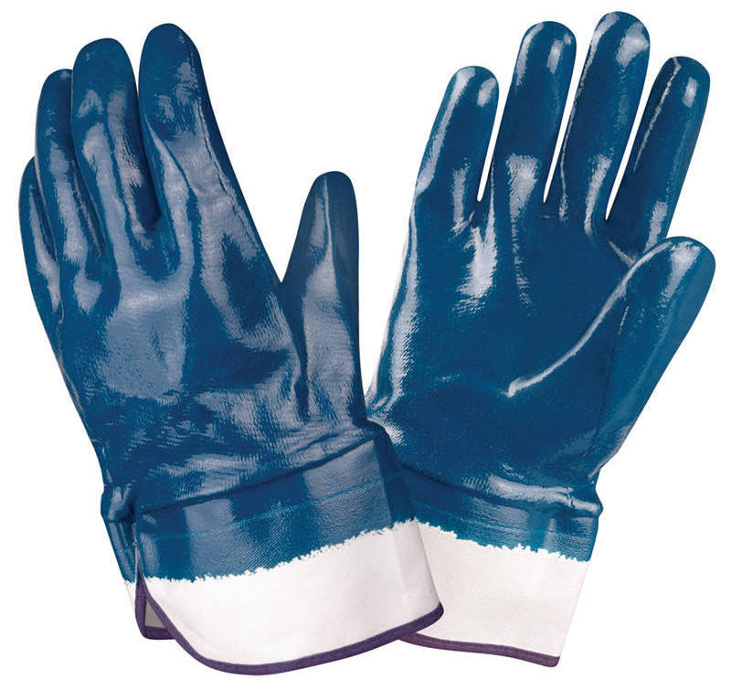 Oil Gas Resistant Heavy Duty Blue Chemical Gloves Nitrile Dipped Safety Cuff Full Coated Nitrile Cotton Work Gloves