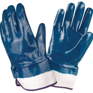 Oil Gas Resistant Heavy Duty Blue Chemical Gloves Nitrile Dipped Safety Cuff Full Coated Nitrile Cotton Work Gloves