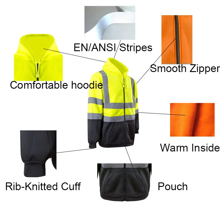 High Visibility Road Safety Hoodies Warm Fleece Jacket Hi Vis Men's Hoodies Reflective Hoodie Custom