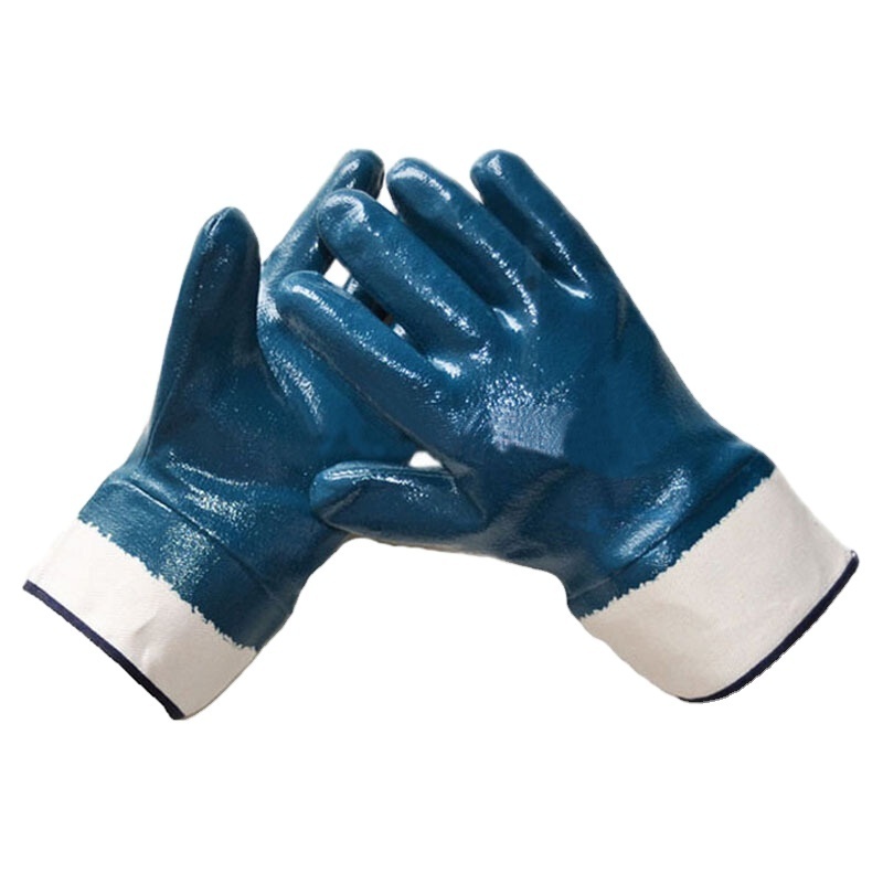 Oil Gas Resistant Heavy Duty Blue Chemical Gloves Nitrile Dipped Safety Cuff Full Coated Nitrile Cotton Work Gloves