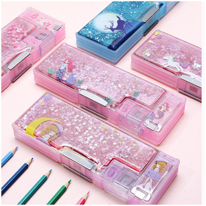 Quicksand oil Translucent pencil cases double layered multifunctional magnetic stationary children school pencil box for kids