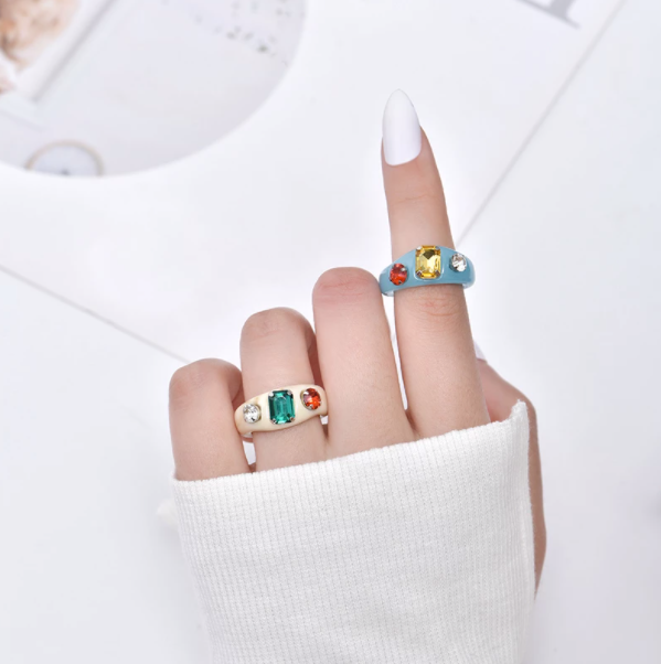 wholesale 2021 korean neon resin acrylic finger rings fashion geometric crystal ring colorful rhinestone plastic rings for girls