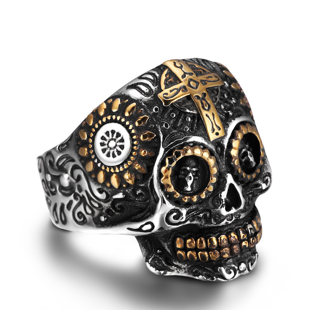 wholesale new gold vintage cross skull ring jewelry personalized fashion models rings for men stainless steel