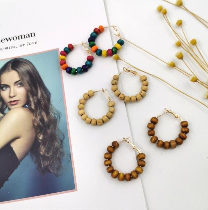 wholesale 2019 fashion african women wooden beads earrings big beaded hoop earrings wood earrings