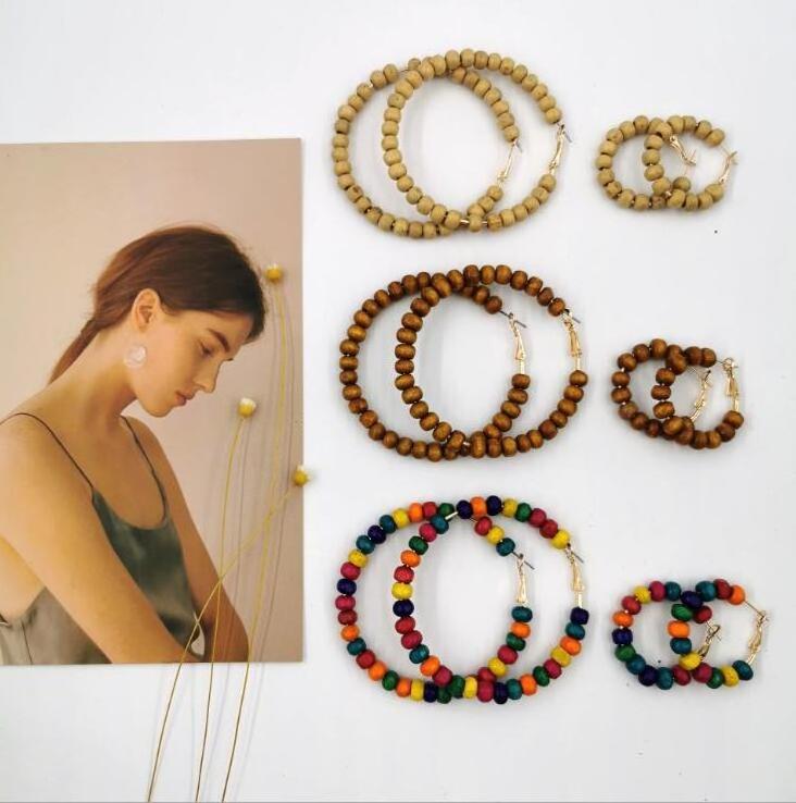 wholesale 2019 fashion african women wooden beads earrings big beaded hoop earrings wood earrings