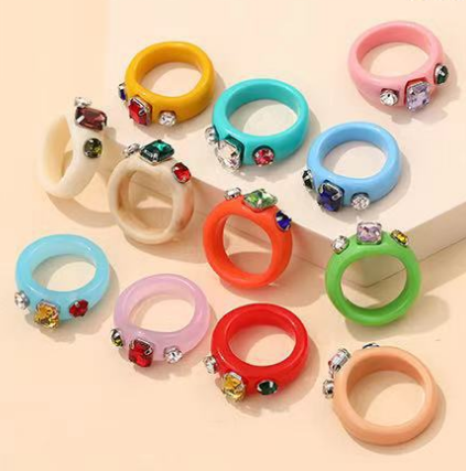 wholesale 2021 korean neon resin acrylic finger rings fashion geometric crystal ring colorful rhinestone plastic rings for girls