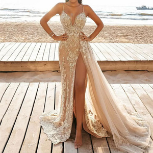 Elegant Women Gold Mermaid Prom Dresses Golden Sexy Lace Beaded Bridesmaid Evening Party Ball Gowns Long Dress Vestido de novia