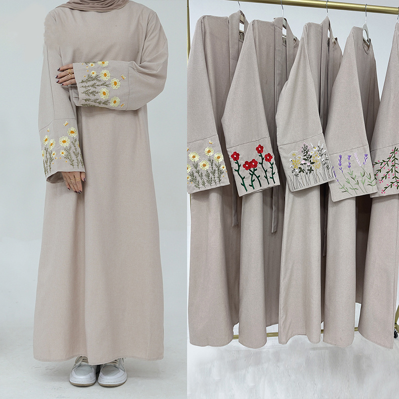 2024 Ramadan Embroidery Modest Abaya Linen Open Abaya Femmes Robe Dubai Abaya Islamic Clothing Wholesale