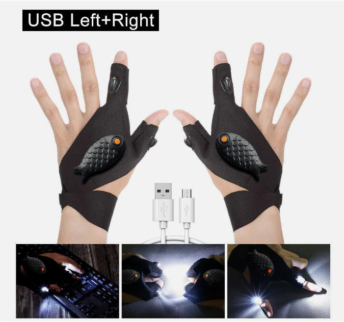 Outdoor Sporting Camping USB Rechargeable Fishing Gloves LED Light Fingerless Night Flashlight Torch Gadgets Gifts