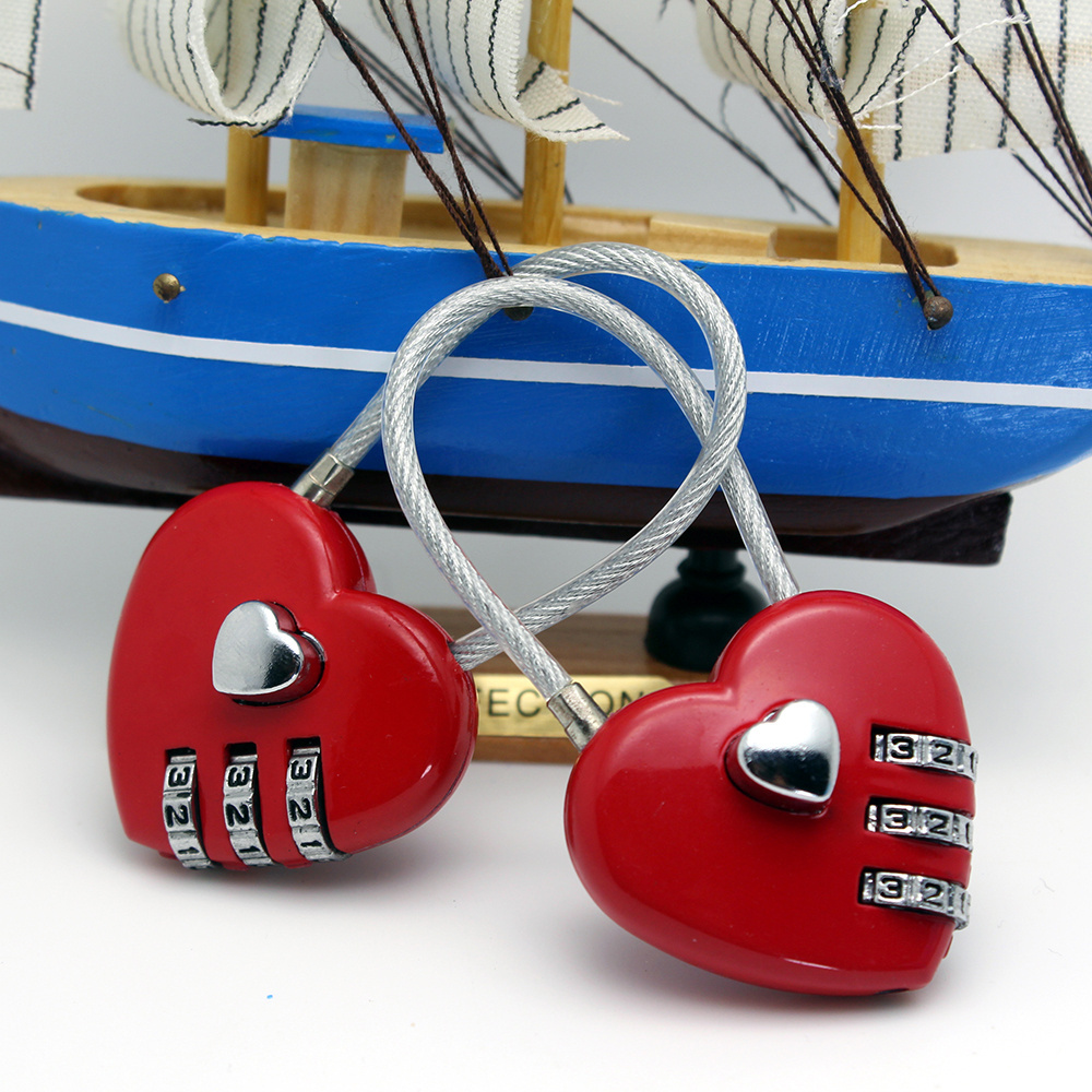 Lovely Red Heart shape combination lock 3 digit cable luggage love padlock for Valentines Wedding Promotional Gift