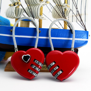 Lovely Red Heart shape combination lock 3 digit cable luggage love padlock for Valentines Wedding Promotional Gift