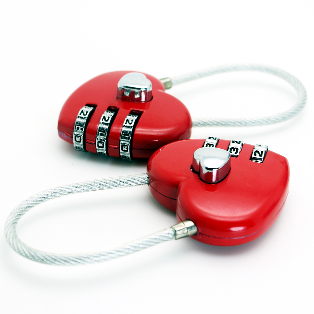 Lovely Red Heart shape combination lock 3 digit cable luggage love padlock for Valentines Wedding Promotional Gift