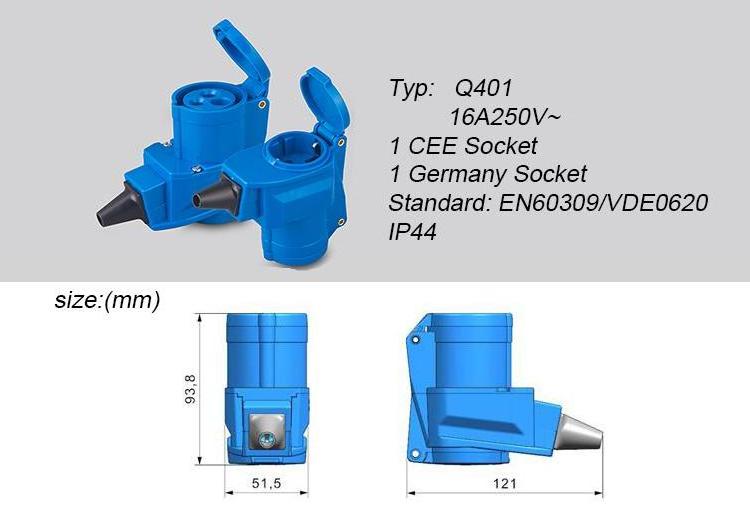 16A 2P+E 250V CEE and Schuko angled socket