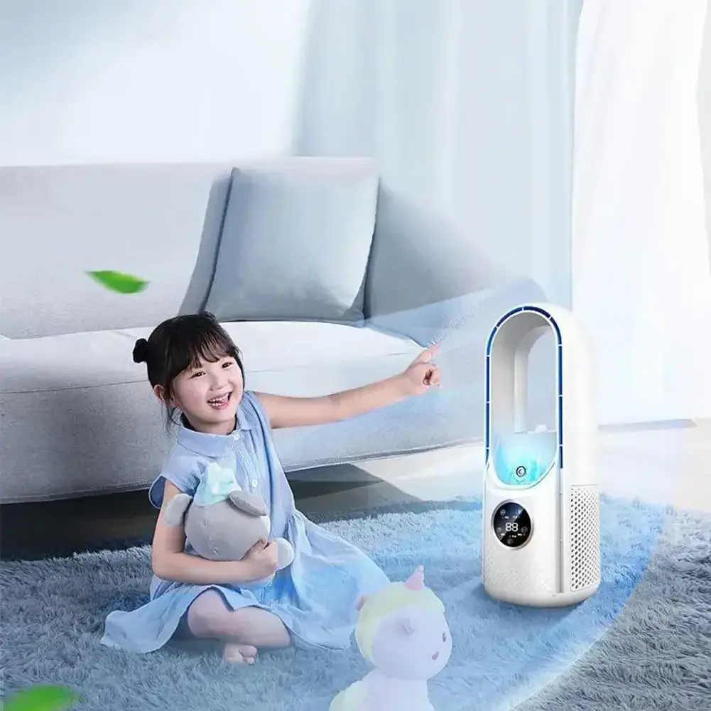 Quiet Electric Bladeless Table Fan for Household Air Cooling Low Noise and Water Mist Spray With LED Light