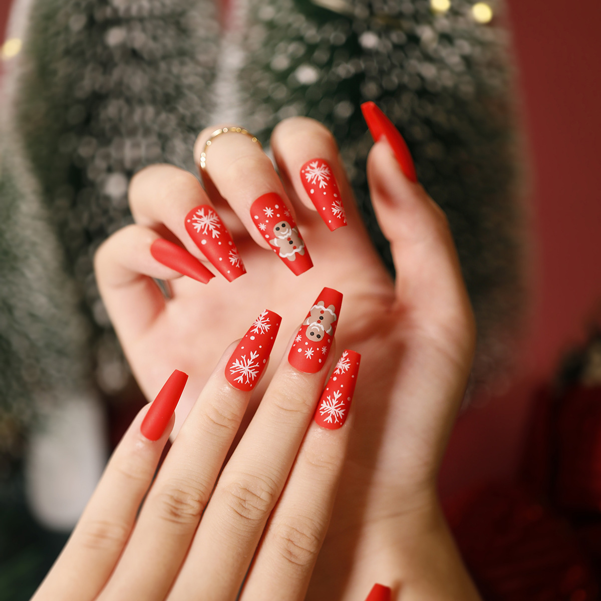 Christmas Green Artificial Fake Nails Deer&Snowflake&Christmas Tree&Shinny Glitter Design Press On Nails