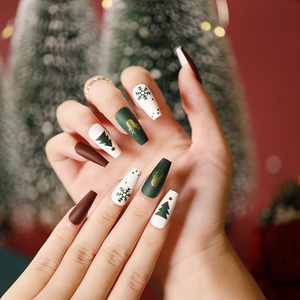 Christmas Green Artificial Fake Nails Deer&Snowflake&Christmas Tree&Shinny Glitter Design Press On Nails