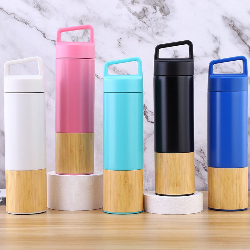 Custom Bamboo Shell TSport Vacuum Flask 304 stainless steel insulated cup Korean style coffee handle cup bamboo water bottle