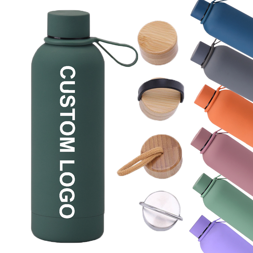 HOT 500/750ml  Rubber soft touch Drinking Tumbler Double wall Insulated Stainless Steel 304 sports  Water Bottle with bamboo lid