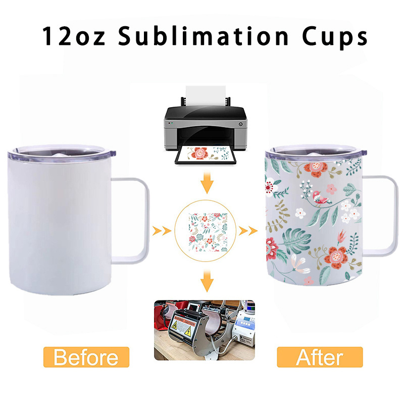 USA Warehouse Travel Coffee Tumbler Mug Stainless Steel 12oz Blanks Sublimation Mug with Handle